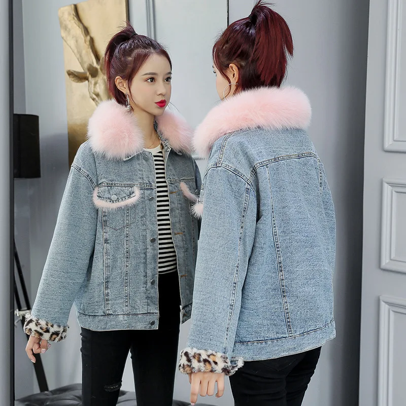 Женская зимняя джинсовая куртка ZQLZ модная свободная однобортная с меховым
