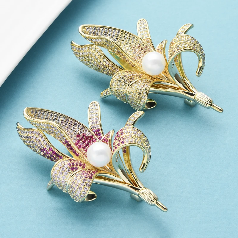 

Wuli&baby Luxury Cubic Zircon Flower Brooches Women Pearl Lily Weddings Party Casual Brooch Pins Gifts