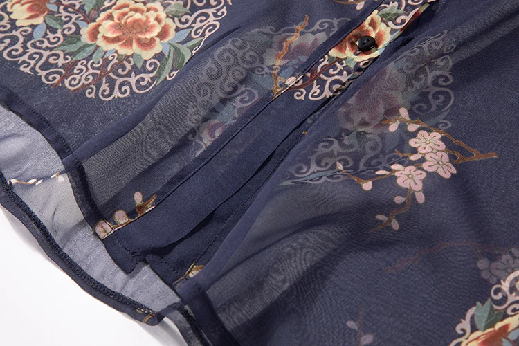

Women's 100% Silk Navy Print Button Down Long Thin Top Dress Kimono Cardigan Shawl Coat Blouse Summer Beach Cover Up JN421
