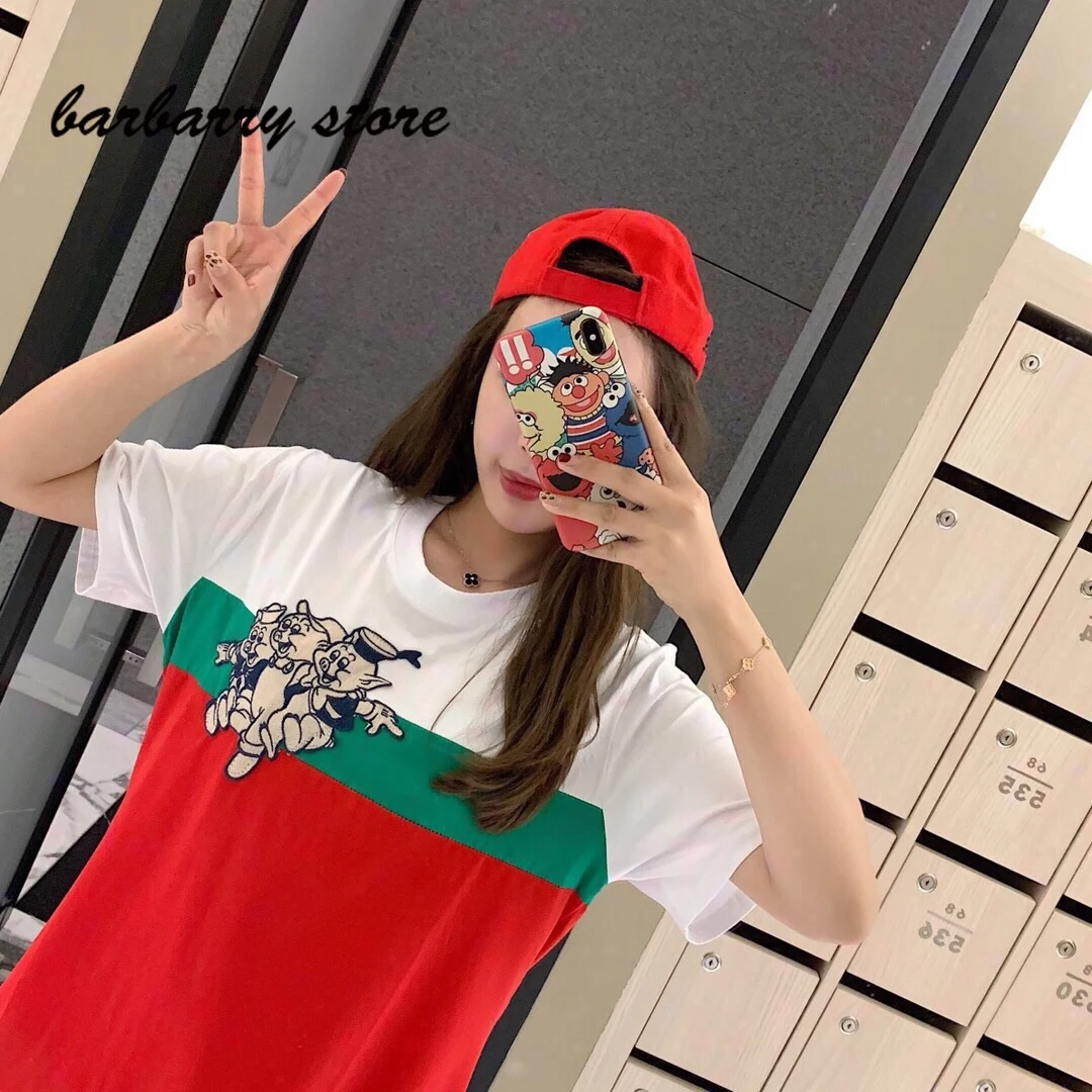 

2021 luxury design color contrast fashion women's half sleeve top versatile loose short sleeve casual cotton graphic T-shirt