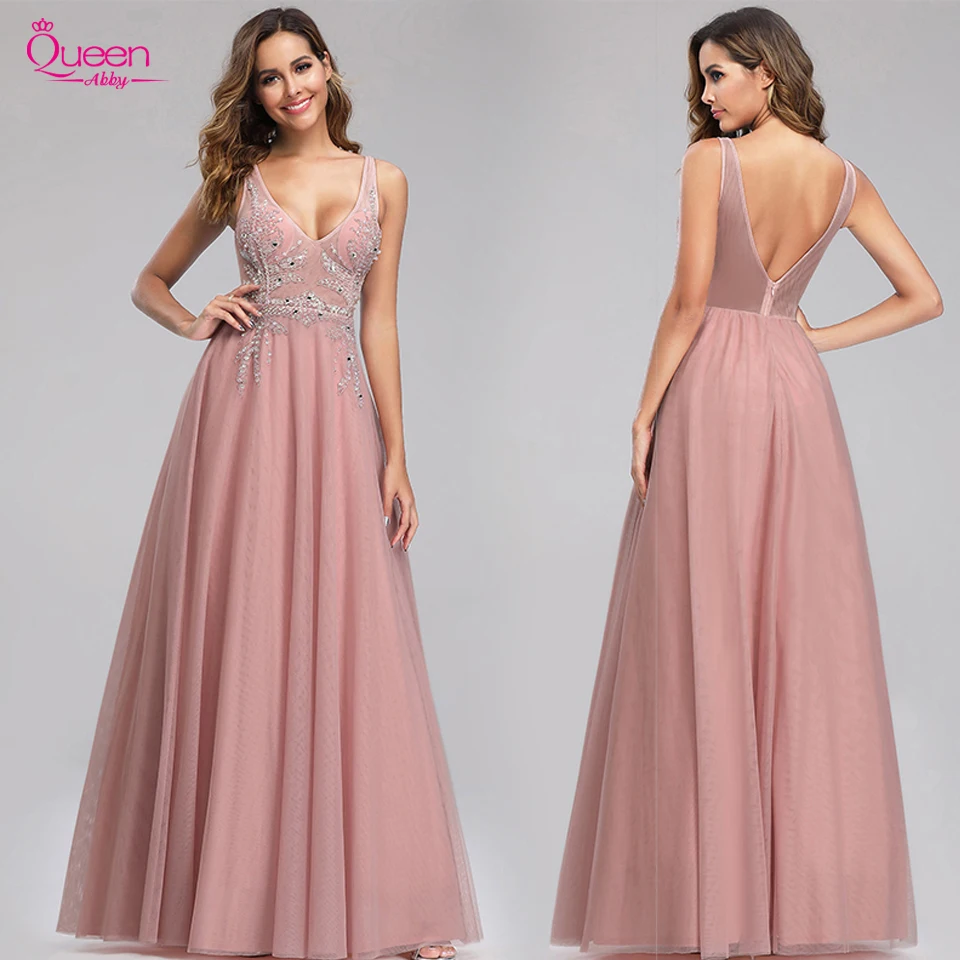 Длинное вечернее платье элегантное розовое шифоновое ТРАПЕЦИЕВИДНОЕ ПЛАТЬЕ С v