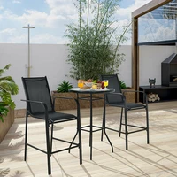 3 Pieces Outdoor Patio Bar Table Stool Set Anti-Rust Steel Frame Tempered Glass Tabletop Breathable Fabric Garden Furniture Sets