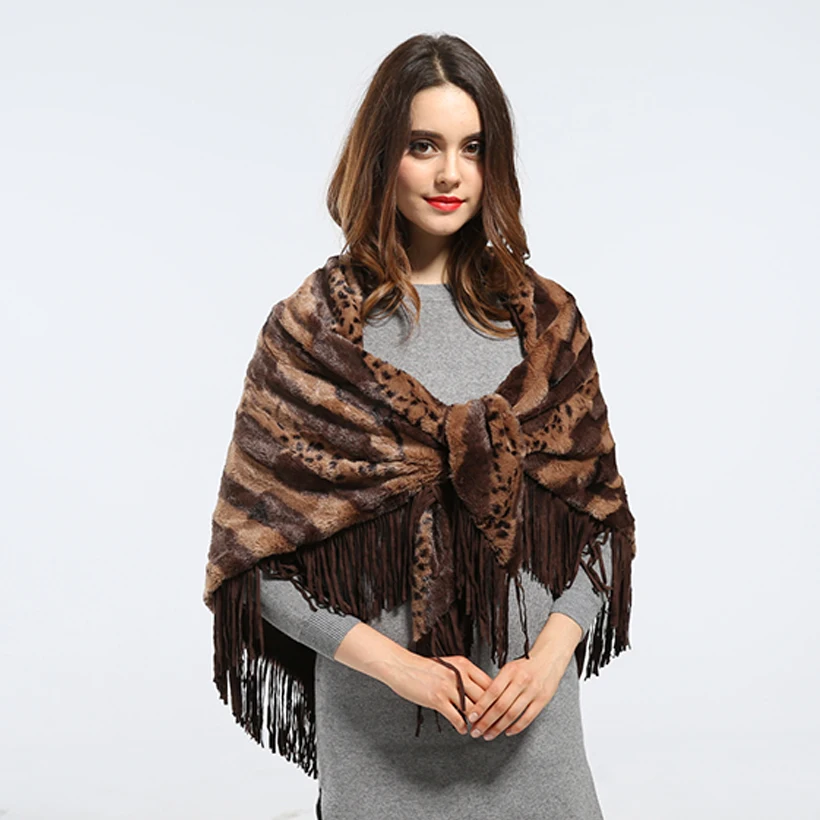 Новинка Вязаная Шаль из кроличьего меха женская мода треугольное меховое пончо