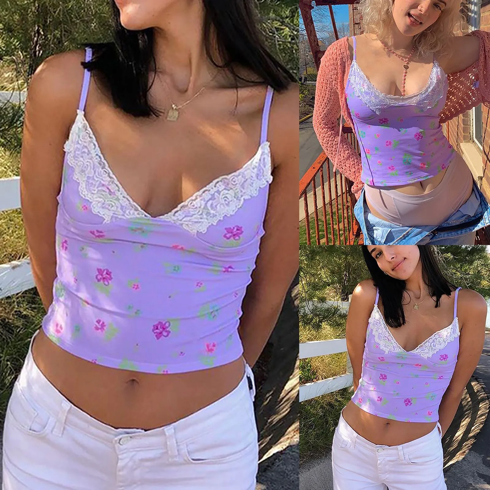 

Summer Y2K Cute Flower Tops 2021 Women Sexy Lace Trim V Neck Vintage 90s Kawaii Women Clothes Slim Bottoming Corset Top Vest