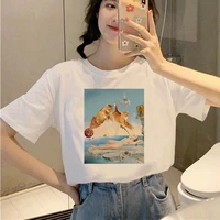women summer clothing kawaii cat oil painting print t shirt basic o neck short sleeved ladies white graphic girl t shirt
