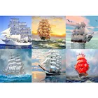 Алмазная 5D картина с квадратными кругами, полная вышивка с парусником, мозаика для ландшафта, Декор для дома