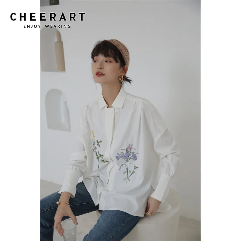 Cheerart белая простая женская блузка с вышивкой плюс размер топ цветочной рубашка