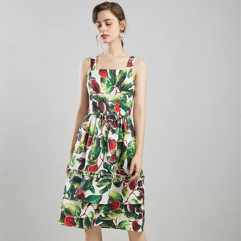 Женское платье на бретелях-спагетти с принтом в виде тропических листьев инжиров