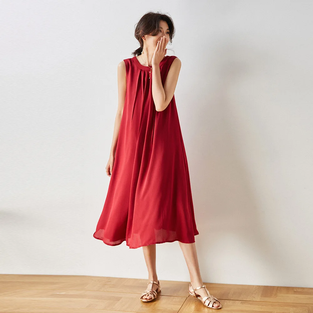 Женское платье-трапеция с круглым вырезом красное элегантное Свободное длинное