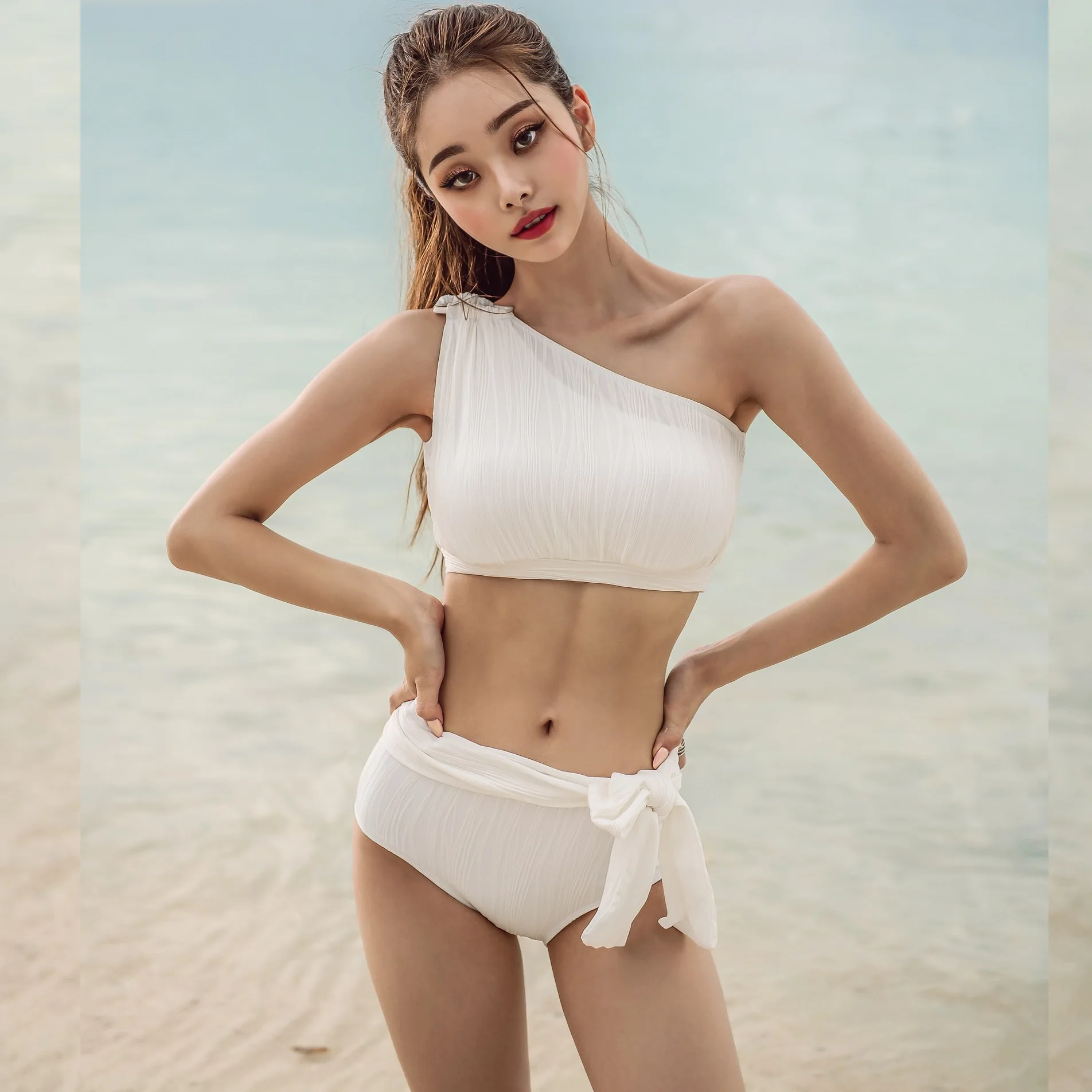

2020 Korean new swimsuit feminine bow high waist swimsuit sweet girl one shoulder split bikini swimwear women