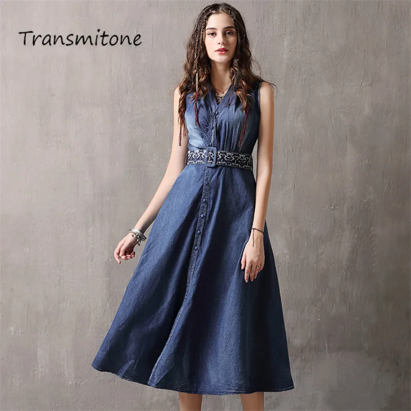 Женское винтажное джинсовое платье без рукавов облегающее однобортное трапеция