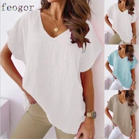 feogor womens shirt 2021 summer new womens pure color cotton and linen short sleeved v neck shirt t shirt top women loose top