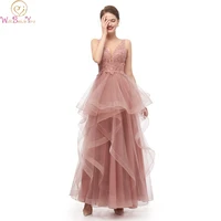 2019 new style ruffles v neck prom dresses long vestidos de formal party sexy backless elegant gala jurken formal evening gowns