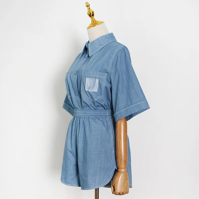 

Vintage Denim Women Pants Suit 2021 Summer Fashion New Solid Color Casual Lapel Cardigan Shirt Loose Nipped Waist Shorts