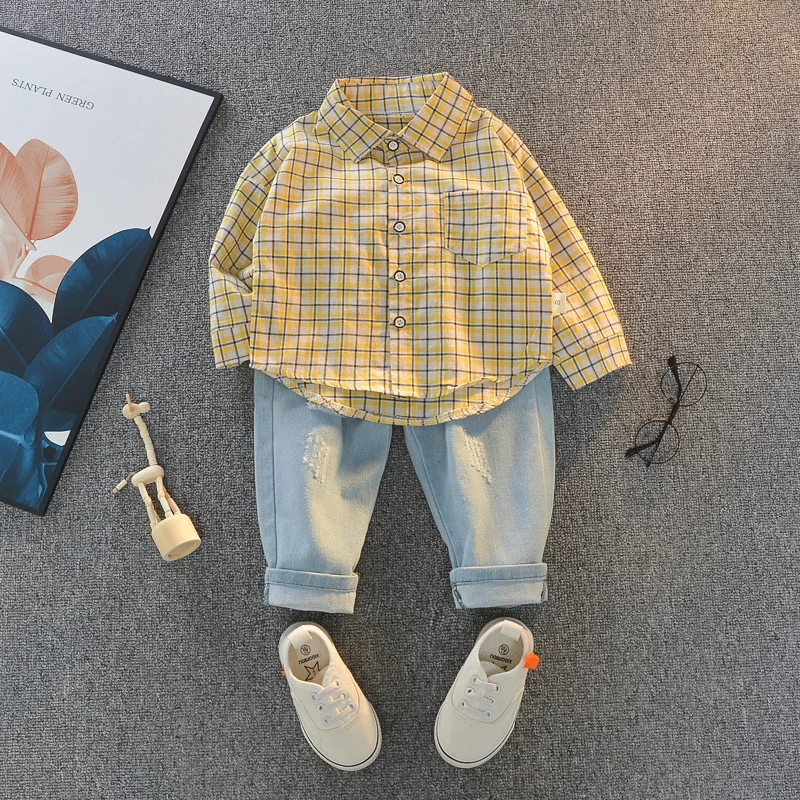 

2021 Spring Autumn New kids Clothing Suit Baby Girl Sets Bear Pattern Vest +Plaid Shirt+Denim Pants 3 Pcs Baby Boy Clothing Sets