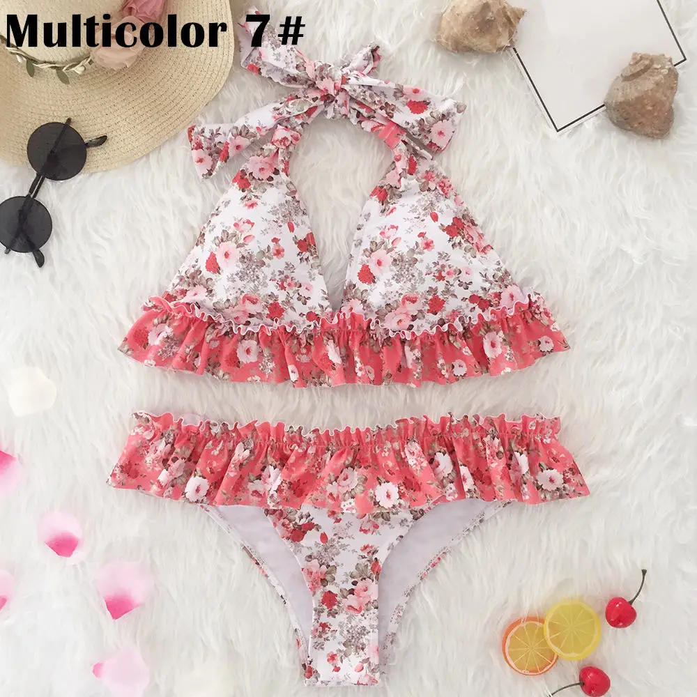 Multicolor 7 Цветочный купальник с бретелькой через шею, сексуальный, бикини для женщин, гофрированный купальник-бикини треугольной формы с v-образным вырезом, купальный костюм, пляжная одежда с открытой спиной, бикини - Цвет: Multicolor 7