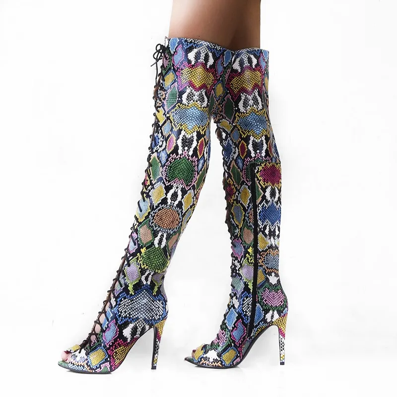 Beli Wanita Seksi Serpentine Di Atas Lutut Sandal Sepatu Bot Peep Toe Renda Zipper High Heels Wanita Sepatu Ukuran 35 45 52