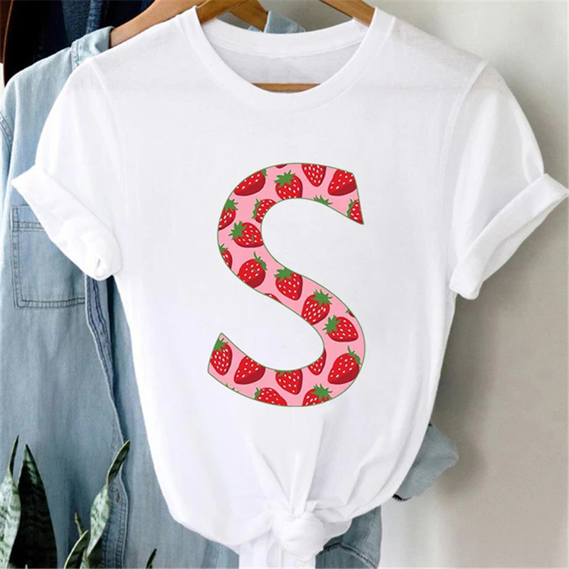 

2021 Women's T-shirts Custom Letters A B C T-shirt Strawberry graphic tshirt Casual Top Female Summer Short Sleeve t-shirt femme