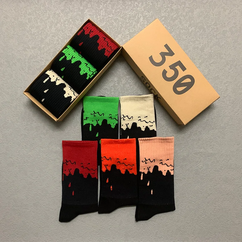 3 Pairs/Box Streetwear Hip Hop Curve Stockings Cotton Harajuku Print Sport Basketball Gifts for Men Women Long Socks Fashion