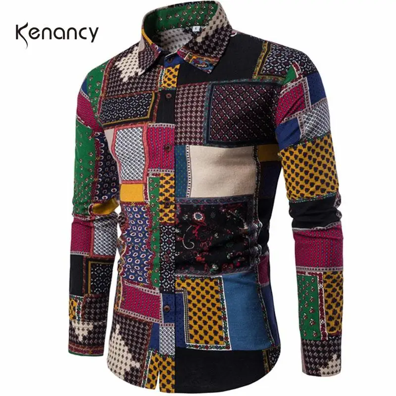 Осенние рубашки для мужчин с отворотом и длинными рукавами цветочным принтом