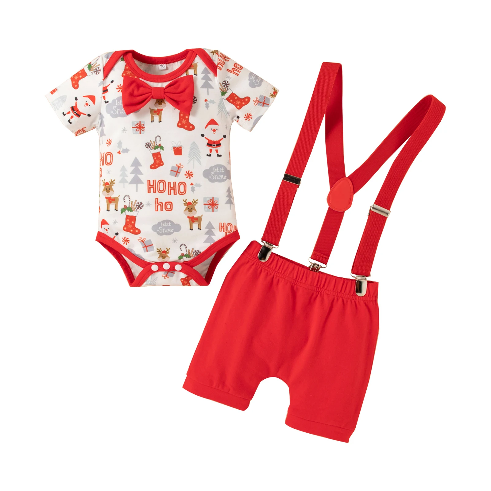 

2 Pcs Baby Boys Christmas Outfits, Cartoon & Letter Print Short Sleeve Round Neck Bow Playsuit + Solid Color Suspender Pants
