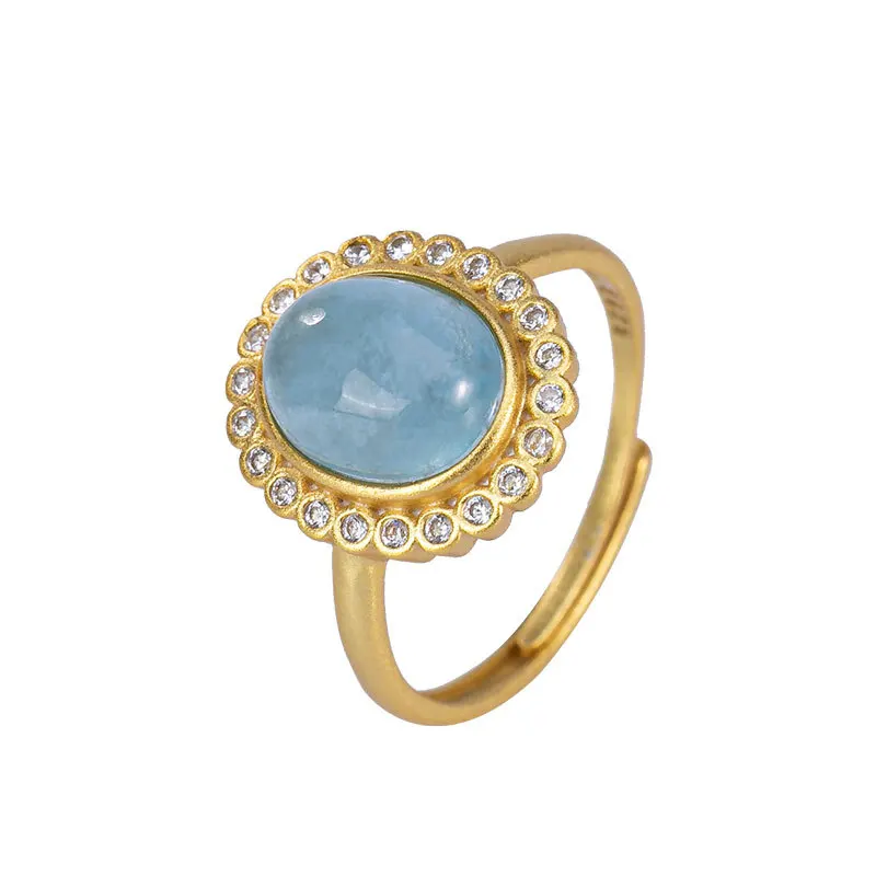 

UBESTNICE Vintage 925 Sterling Silver Gold Palted Natural Gemstone Blue Aquamarine For Women Gift Fine Jewelry Resizable Rings