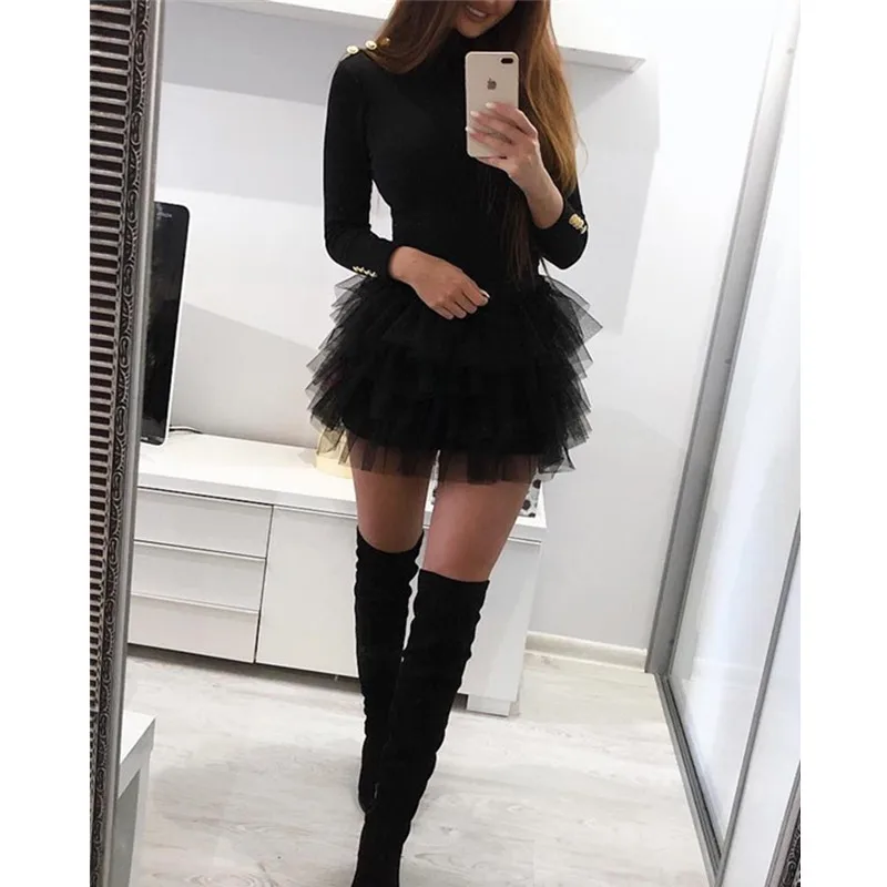 

Women Long Sleeve Mesh Insert Black Dress Sexy Solid Mesh Organza Spliced Mini Dress Winter 2019 O-neck Mini Dresses