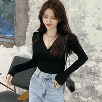 fashion design sense v neck short shirt female high waist 2021 korean style elegant temperament back strap shirt sexy top