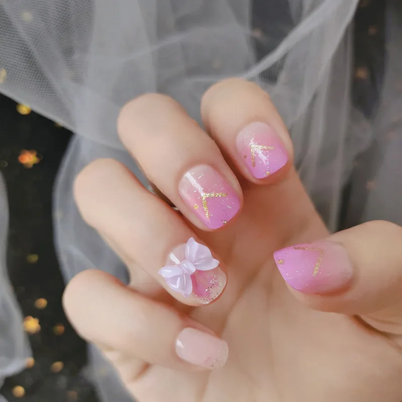 

24pcs Bow Nail Patch Glue Type Removable Short Paragraph Fashion Manicure Save Time False Nails Patch FS99