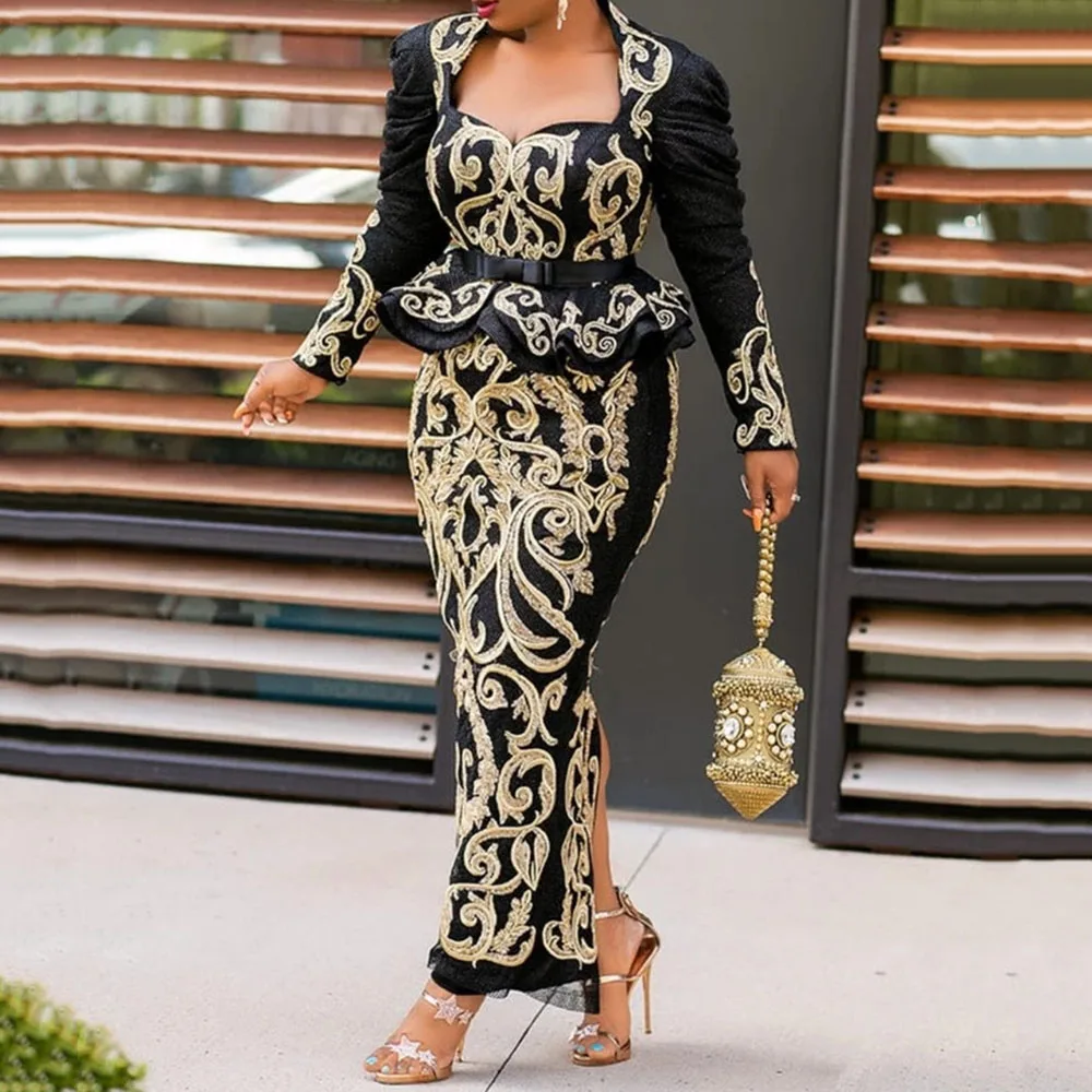 Винтажное черное с цветочным принтом длинное вечернее платье длинным рукавом 2020