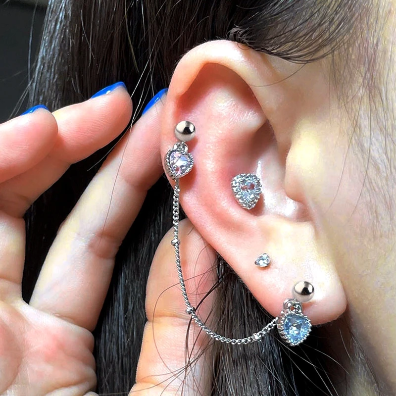 

Heart Crystal Piercing Earrings in Helix Dangle Cartilage Earstud Conch Pircing 0.8mm 1.2mmBar Ear chain Earring for Women Trend