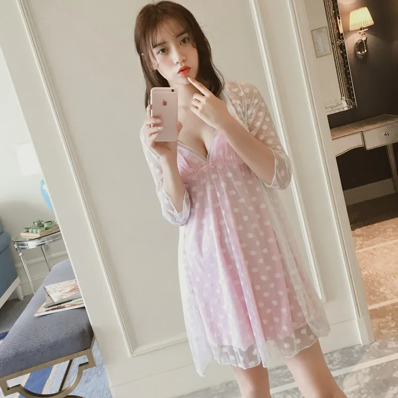 

Polka Dot Robe Set Lace Summer Women Sleepwear Two Pieces Bathrobe With Strap Nightgown Mesh Home Dressing Gown Sexy Lingerie