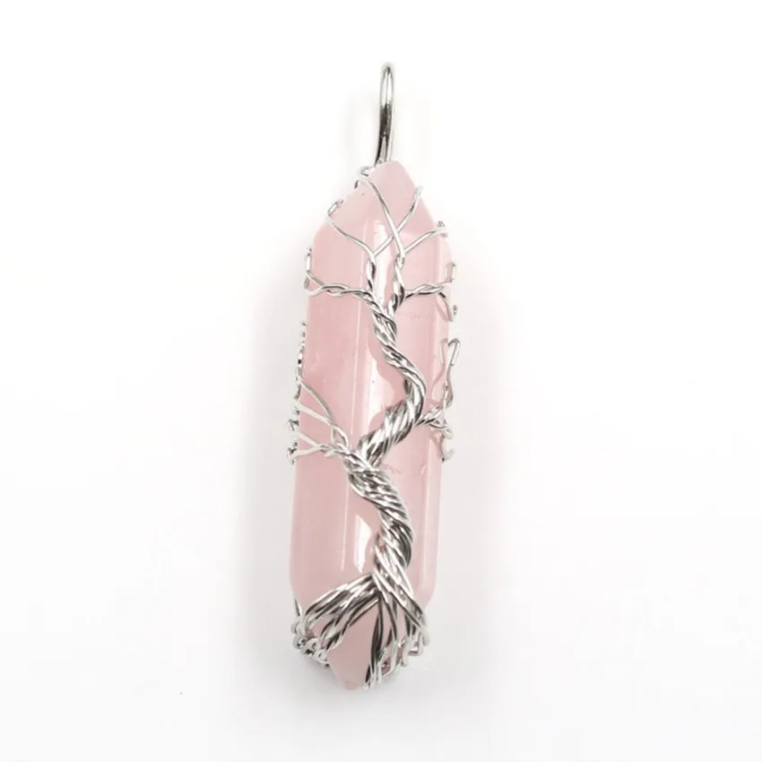 

FYSL Silver Plated Wire Wrap Geometric Shape Rose Pink Quartz Pendant for Gift Opalite Opal Jewelry