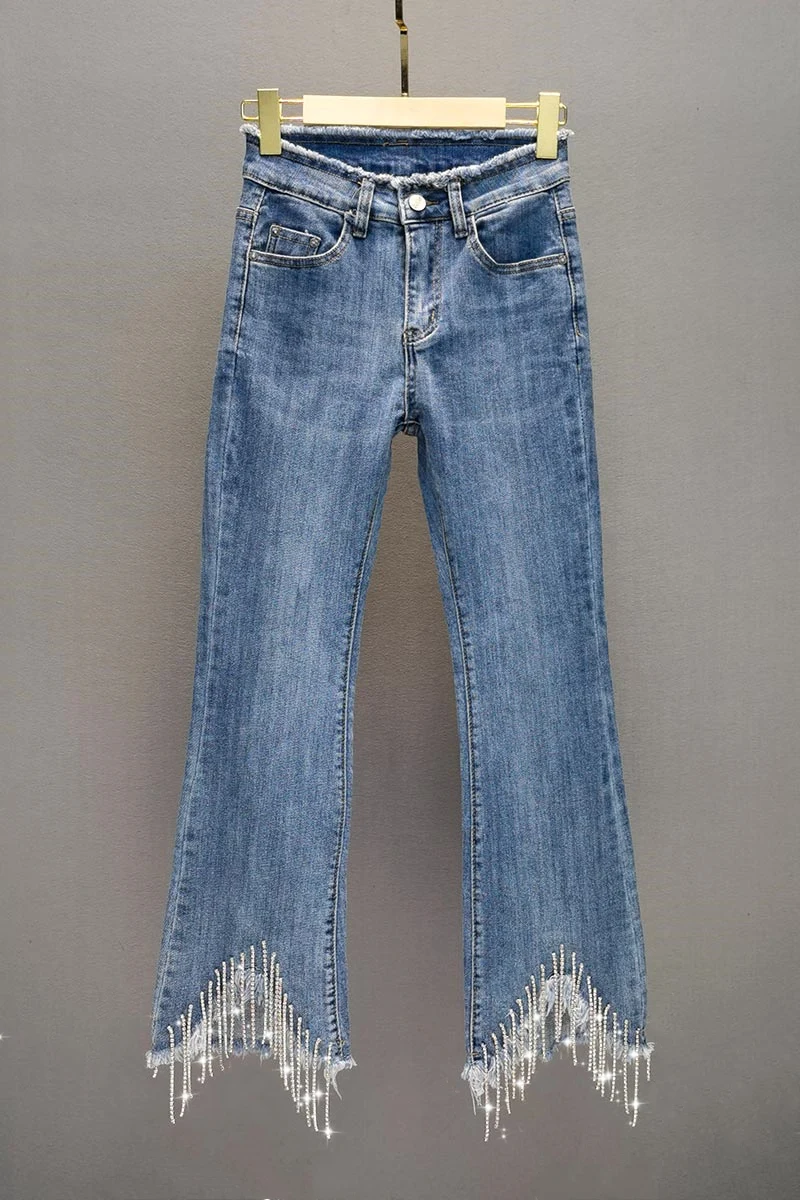 

2021 Spring and Summer New Rhinestone Tasseled Jeans High Waist Slim Slimming Bootcut Pants Women
