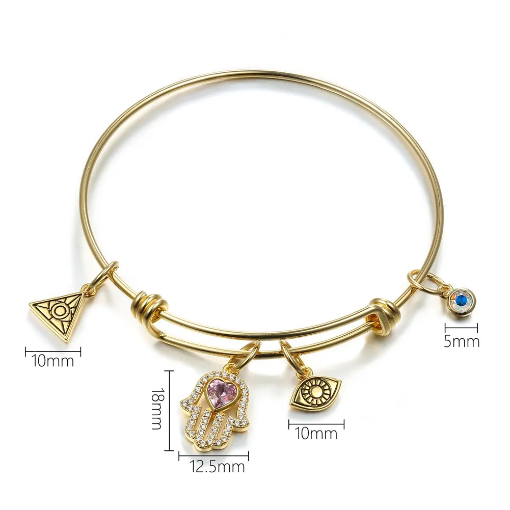 

Fashion Gold Plated Bangle Bracelet with Fatima Hand Eye Triangle Crystle Resizable for Women Gift Luxury Jewelry LKN18KRGPZ113