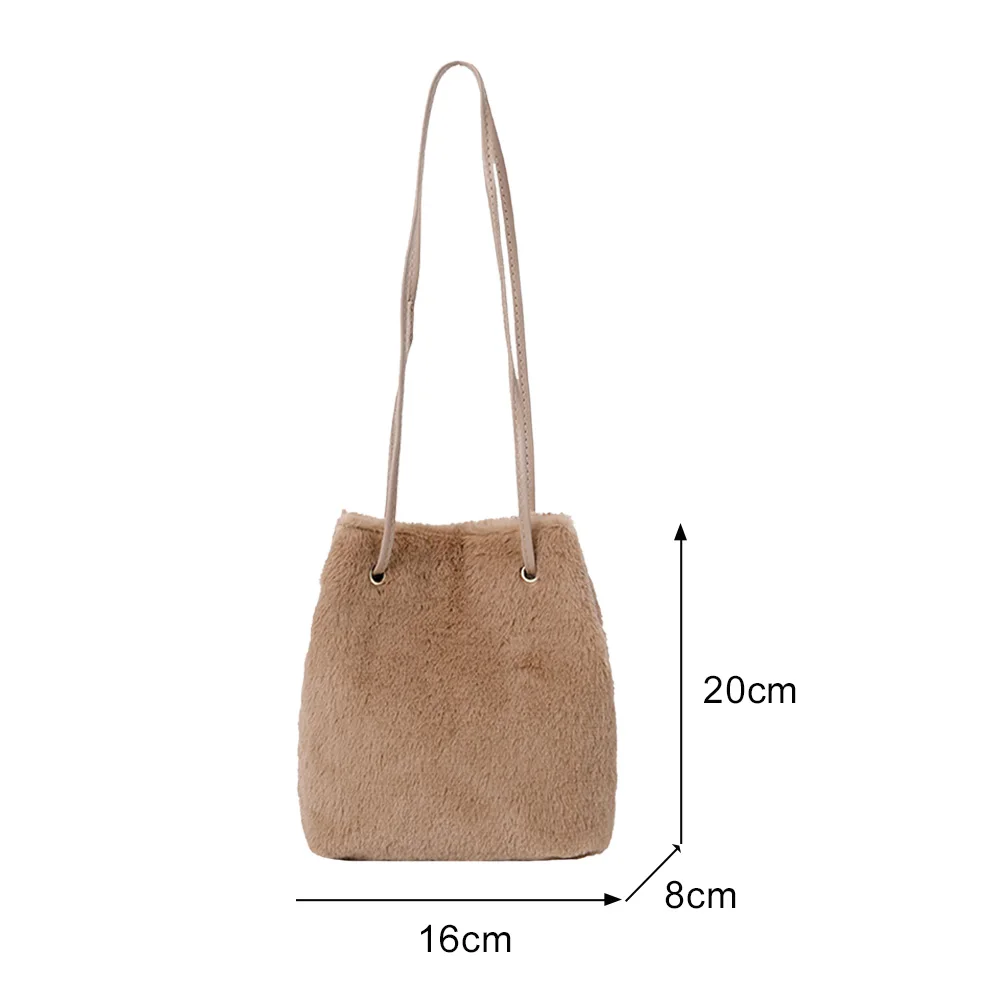 

Fashion Solid Color Furry Bucket Shoulder Bag Women Casual Autumn Winter Soft Plush Handbags Portable Street Travel Chain Purse