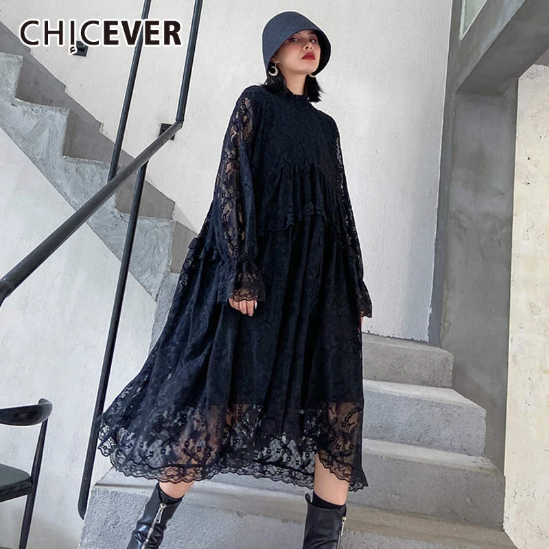 CHICEVER лоскутное кружевное ажурное женское платье с воротником стойкой