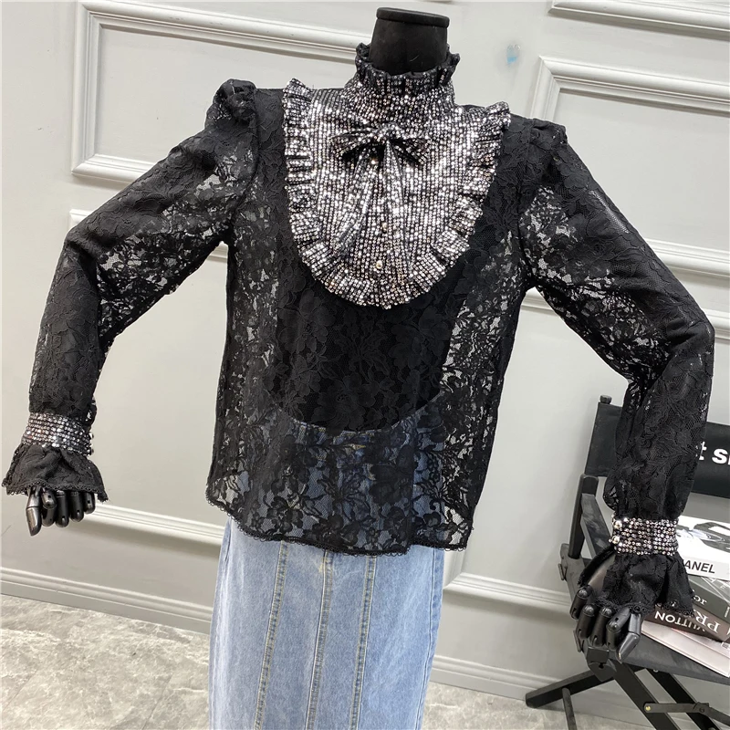 

SHENGPALAE Hook Flower Hollow Embroidery Lace Blouse Women's Spring 2021 New Sequin Stand Collor Sling Inside Flare Sleeve Shirt
