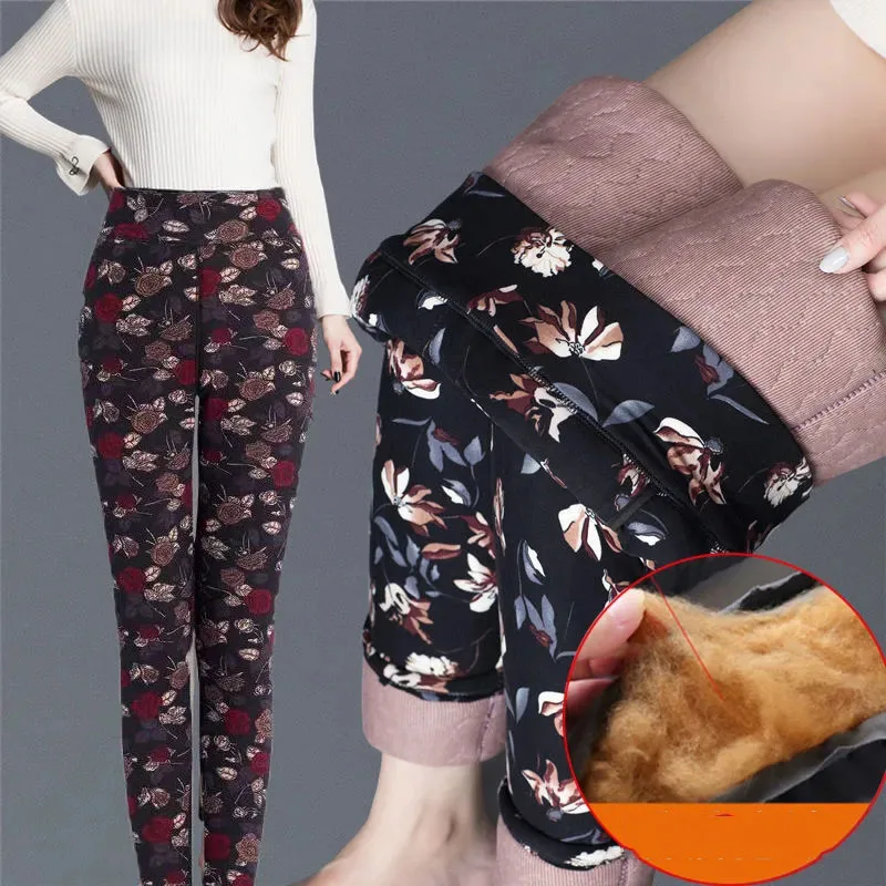 

2021 Autumn Winter New Fashion Warm Pants Floral Printed Leggings Female Keep Warm Clothing Plus Velvet Thickening Legging Z557