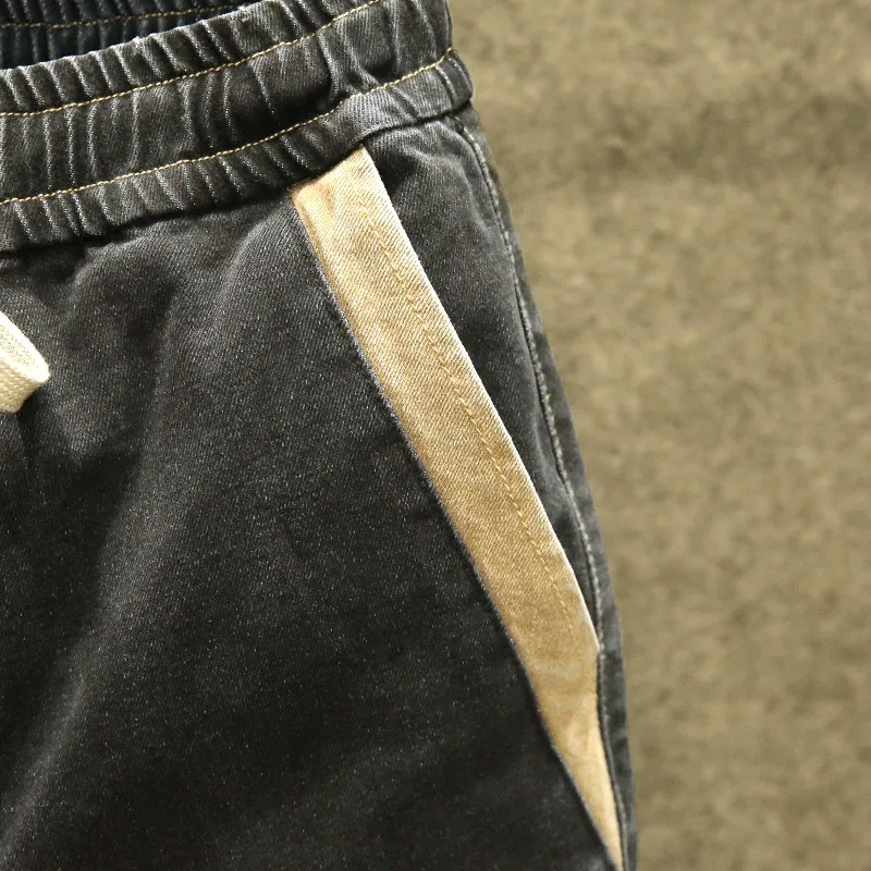 

New Autumn Mens Jeans Vintage Washed Black Denim Pants Casual Loose Elastic Lace-Up Waist Harem Pants Patchwork Fashion Trousers