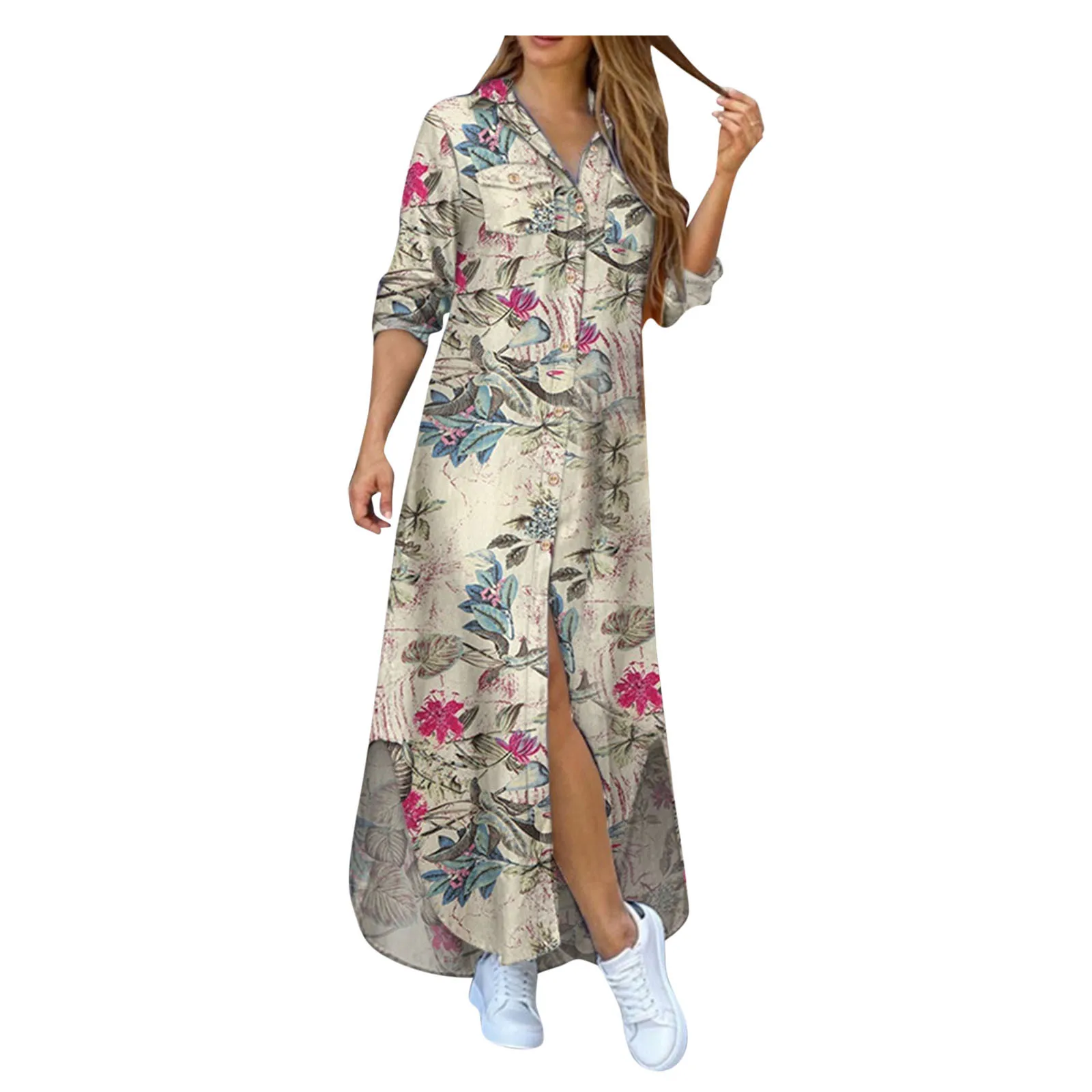 

Elegant Print Buttoned Shirt Dress Women Summer Turn-down Collar Long Sleeve Maxi Dresses Female Vintage Loose Party Dresses#672