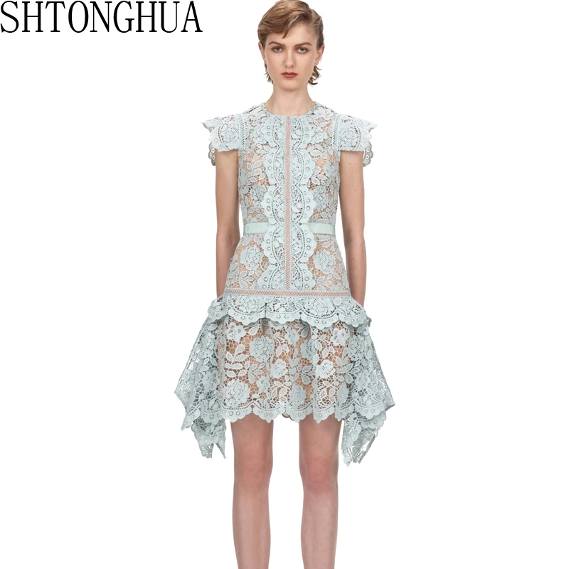 Женское Асимметричное мини-платье Элегантное синее ажурное платье без рукавов с