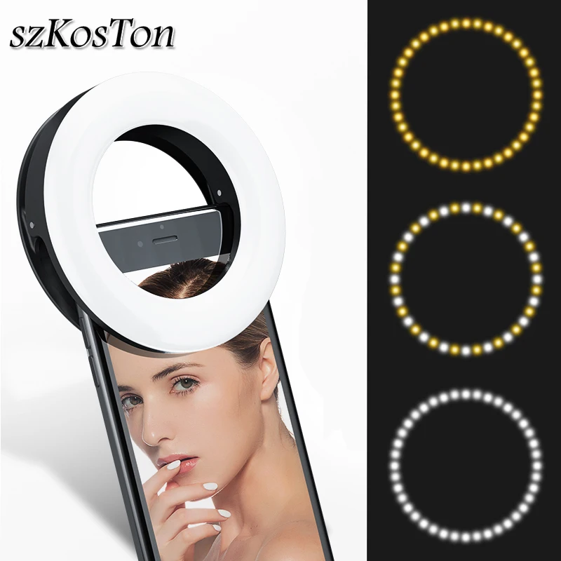 Rechargeable Clip-on LED Selfie Ring Light Flash For Smartphone 3 Mode Dimmable Fill Lamp For Youtube Makeup Video Photo