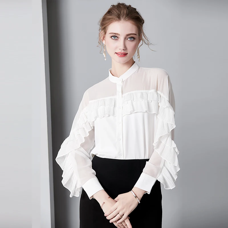 Белая Блузка Boho из хлопка с длинным рукавом и рюшами, женские блузки из шифона, однотонные Женские топы и блузки размера плюс, женская одежда