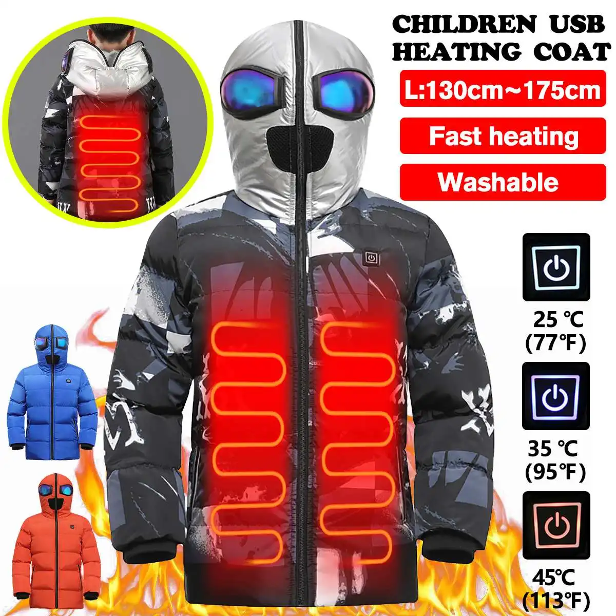 

130-175CM Children USB Heated Warmer 3s Heated Front Back Winter Hooded Heated Jacket Motorcycling Jacket Skiing Coat Smart Heat