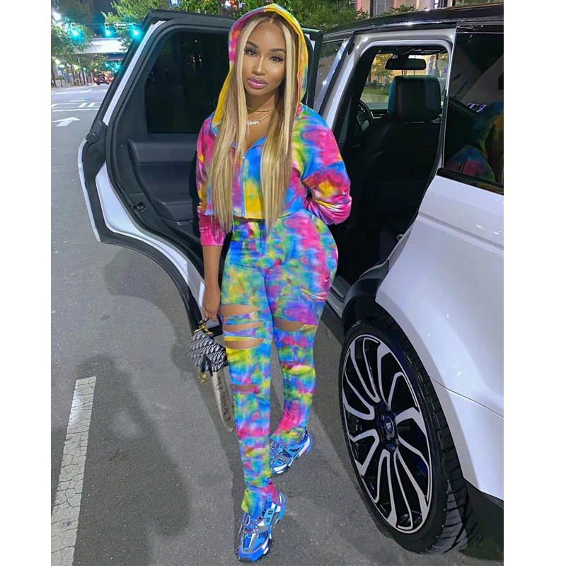 

TNNAOFF Popular Tie Dye 2 Piece Hooded Tracksuits Women Set Long Sleeve Coat Fall Sexy Hole Sweatpants Lounge Wear Matching Sets