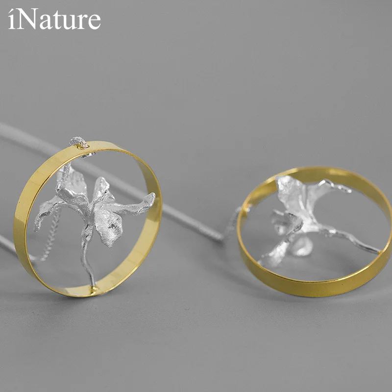 INATURE 925 стерлингового серебра Ирис “Цветок” с крупными круг нити свисающие