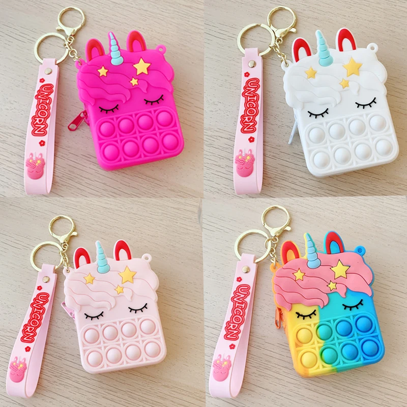 

Pop It Fidget Toys Rainbow Unicorn Keychain Bag Popet Bag Cartoon Zero Wallet Silicone Decompression Toy Children's Gift