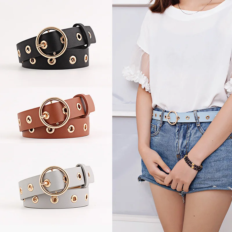 Female PU Leather Belts Fashion New Wild Punk Belts For Women Gold Alloy Pin Buckle Air Eye Belt For Jeans Designer Waistband women gold chain belt new hollow pin buckle belts for women black pu waistband female dress jeans fashion