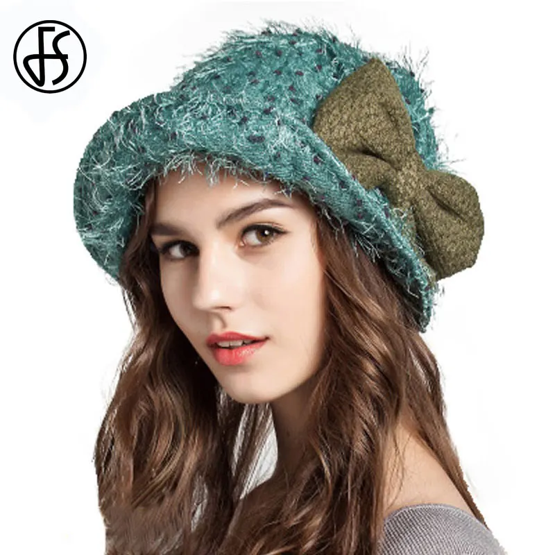 Green buket hat FS модная женская шерстяная шляпа, зимние складывающиеся синие оранжевые коричневые фетровые шляпы с бантом, женские теплые шапки Sombrero De Pesca Mujer - Цвет: Green buket hat